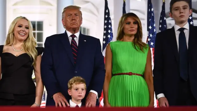 Династия ТрамповСемья Трампов, слева-направо: Иванка, Дональд, Теодор Джеймс Кушнер (внук Трампа, держит его руками за плечи), Мелания, Бэррон.