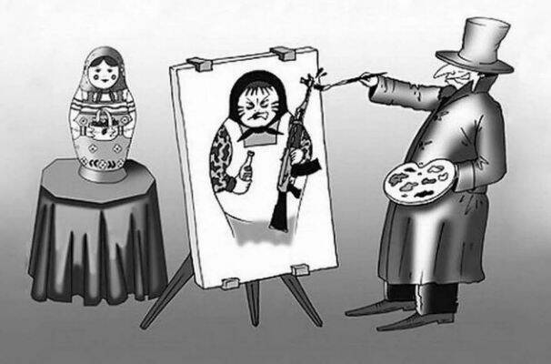 Русофоб изображает матрешку в виде пьющей русской женщины с автоматом Калашникова АК-47.